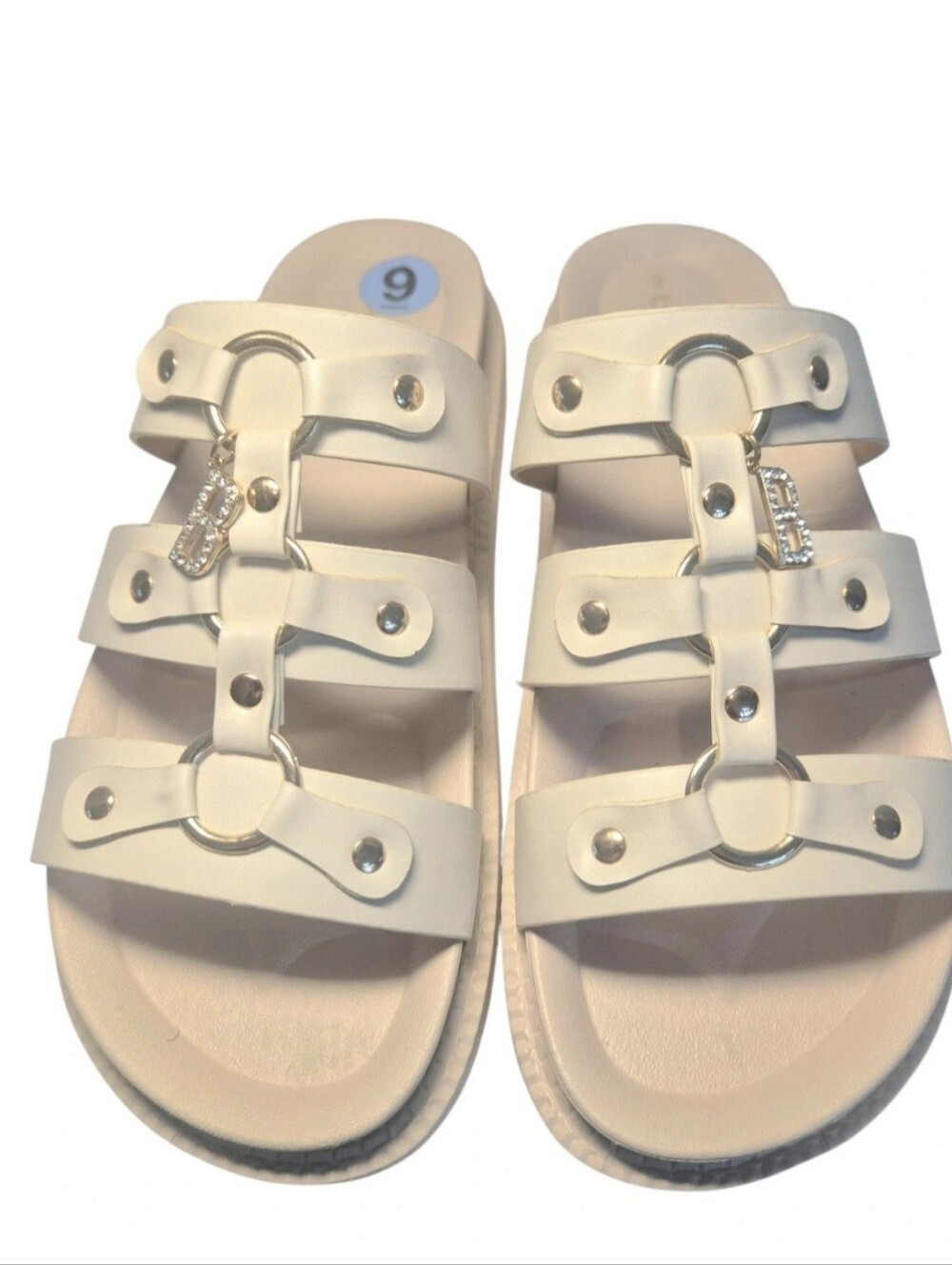 New Beige Rhinestone Strappy Slide SandalsSlip-On US 9